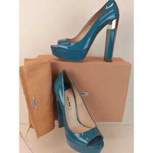 NIB MIU MIU PRADA 5KP267 LIGH BLUE PATENT LEATHER OPEN TOE SILVER HEEL PUMPS 39